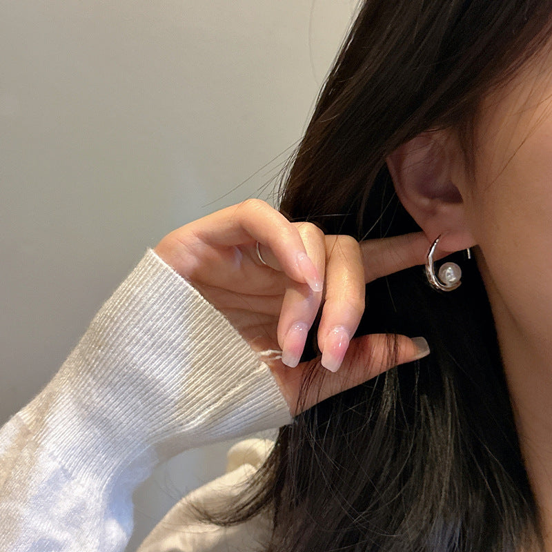 925 Sterling Silver C Shape Earrings With Pearl