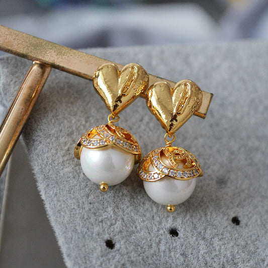 Brass Heart Pearl Charm Earring Studs