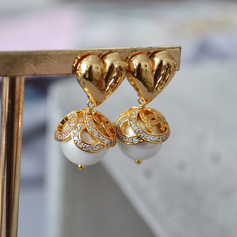 Brass Heart Pearl Charm Earring Studs