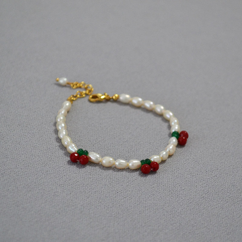 Brass Freshwater Pearl Cherry Charm Bracelet Bangle