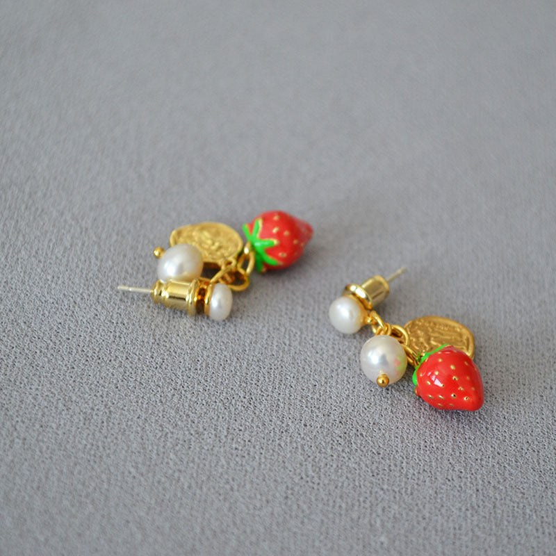 Brass Pearl Strawberry Earrings
