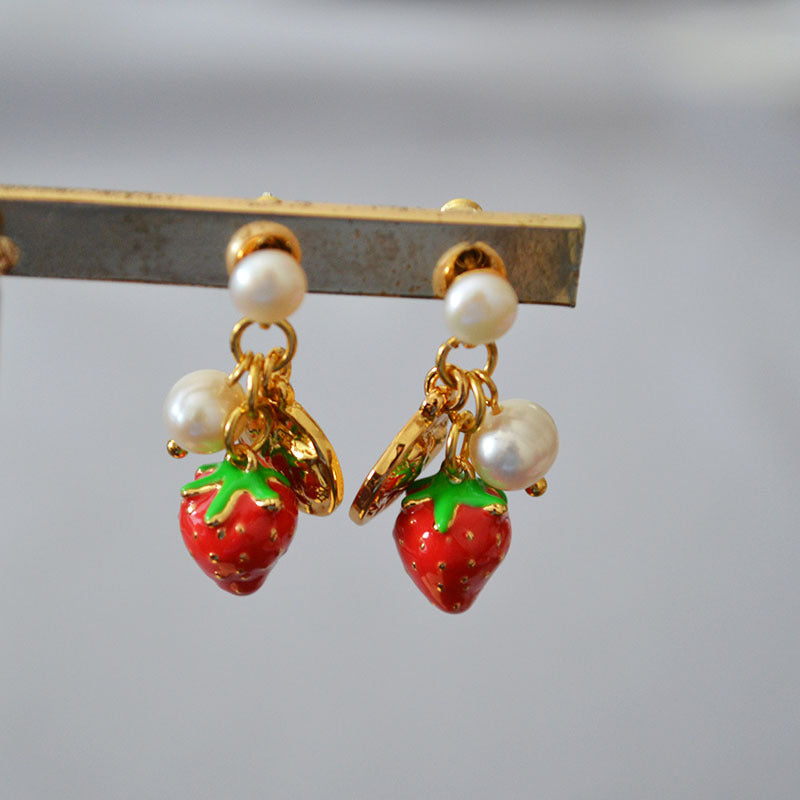 Brass Pearl Strawberry Earrings