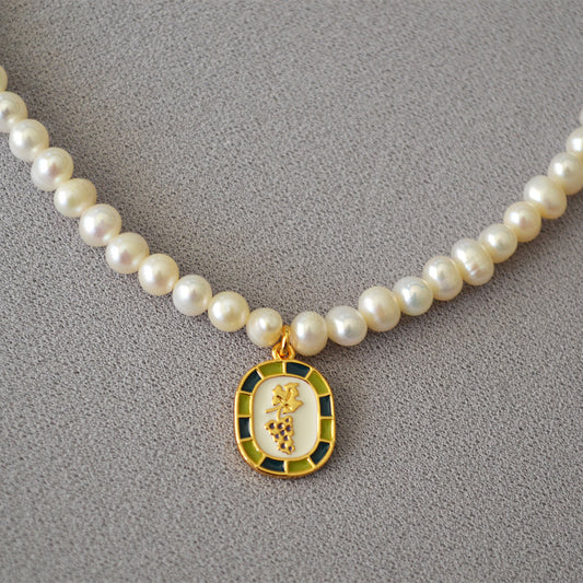 Brass Freshwater Pearl Grape Pendant Necklace