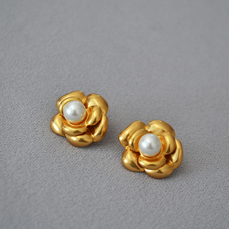 Brass Flower Pearl Earrings