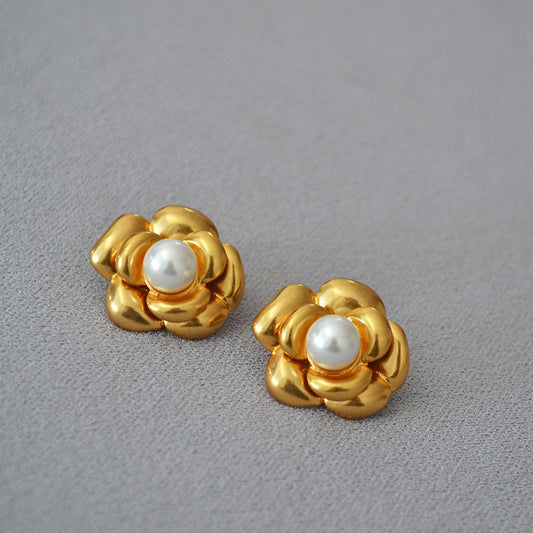 Brass Flower Pearl Earrings