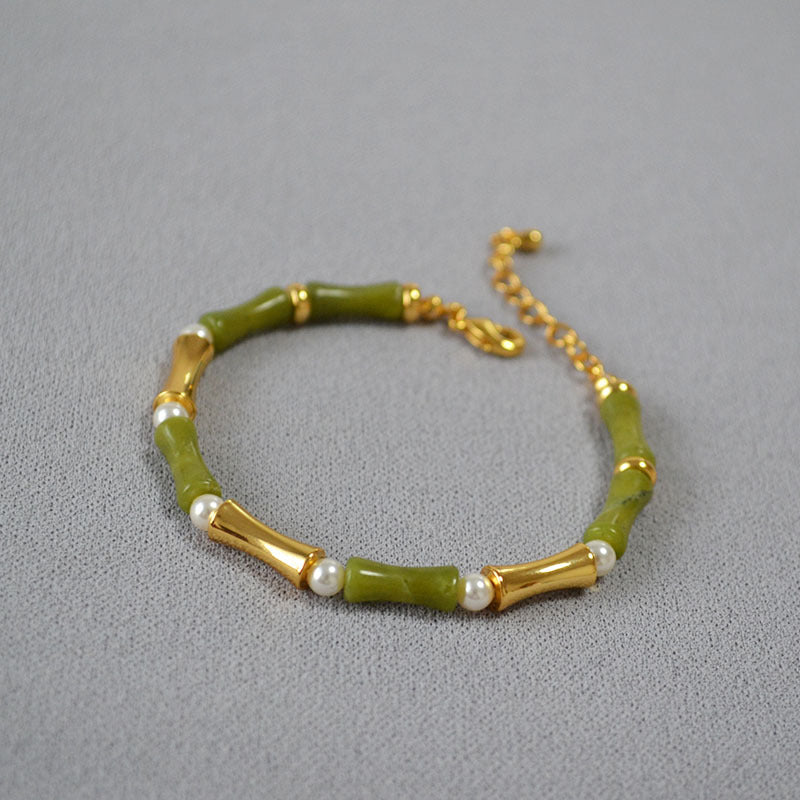 Freshwater Natural Stone Bamboo Joint Design Brass Bracelet Bangle