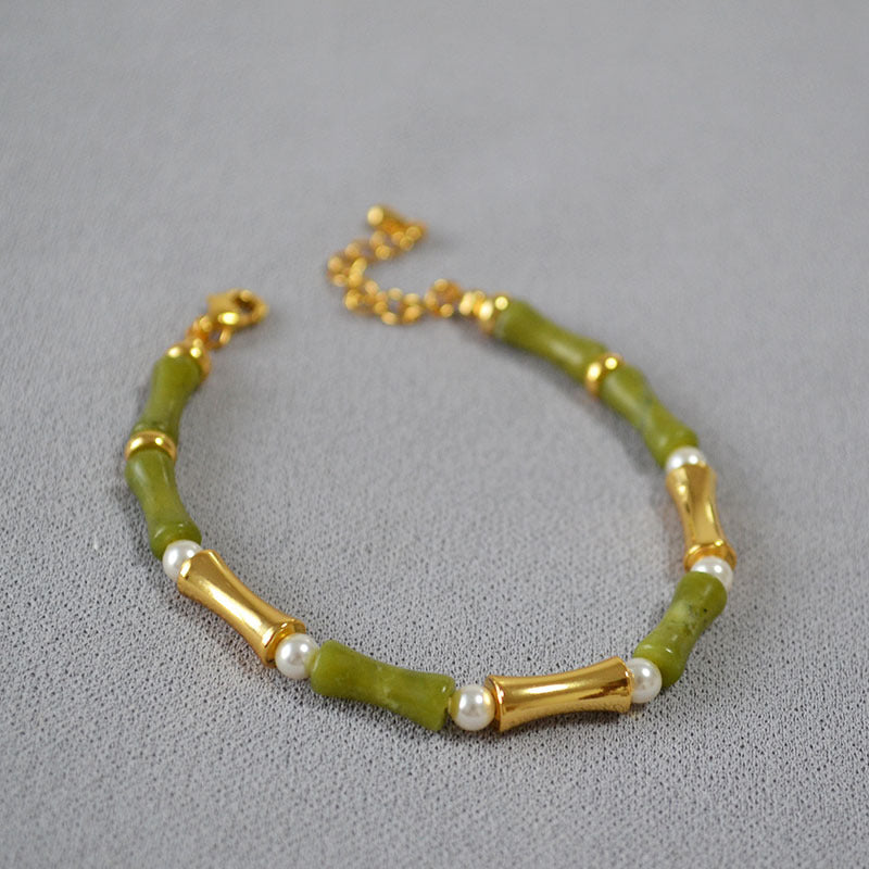 Freshwater Natural Stone Bamboo Joint Design Brass Bracelet Bangle