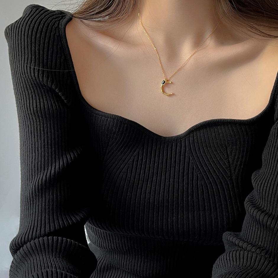 925 Sterling Silver Letter and Onyx Pendant Necklace