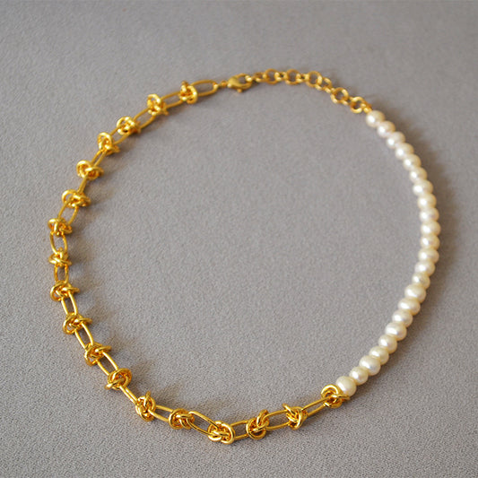 Brass Freshwater Pearl Knotted Chain Necklace