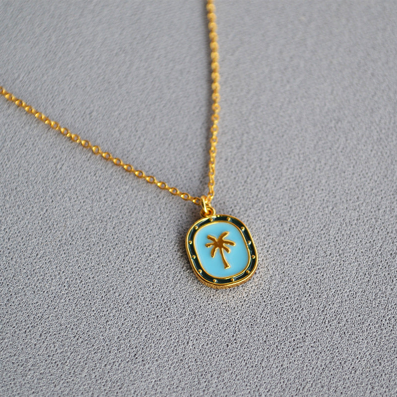 Brass Palm Tree Pendant Cross Chain Necklace