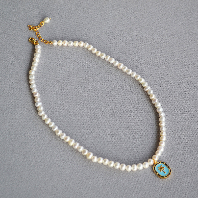 Brass Palm Tree Pendant Freshwater Necklace