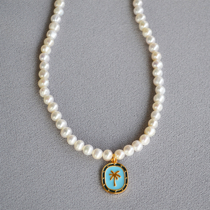 Brass Palm Tree Pendant Freshwater Necklace