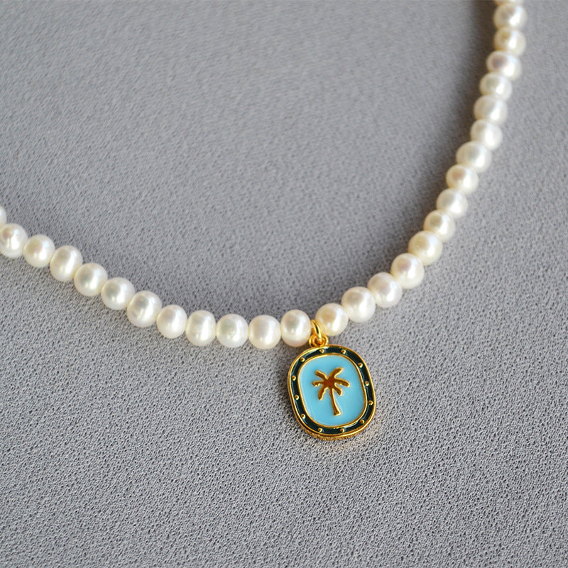 Brass Palm Tree Pendant Freshwater Necklace