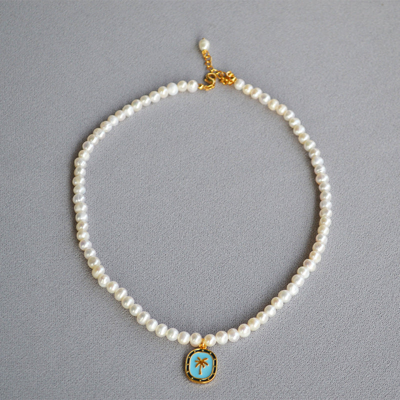Brass Palm Tree Pendant Freshwater Necklace