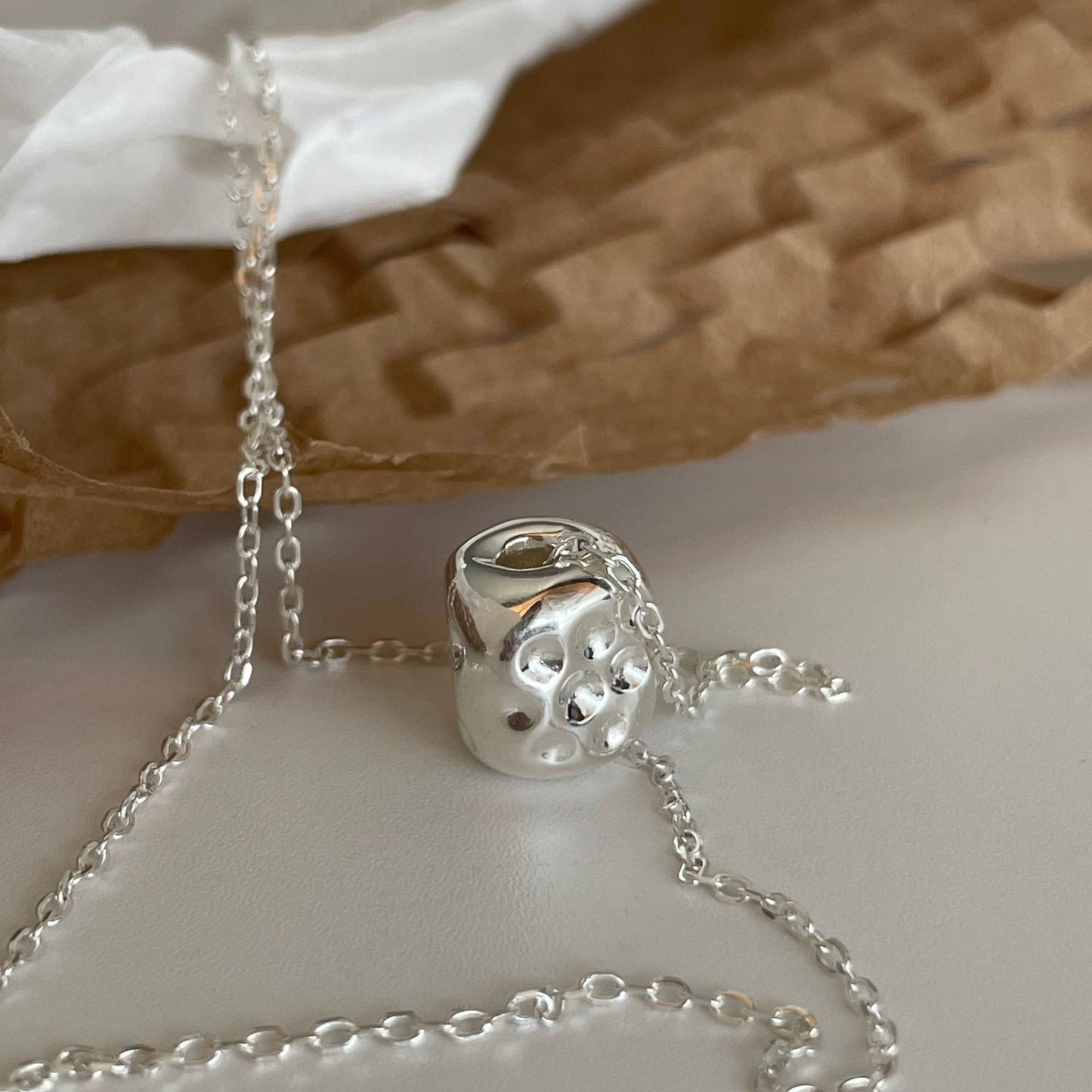 925 Sterling Silver Hammered Bead Pendant Necklace