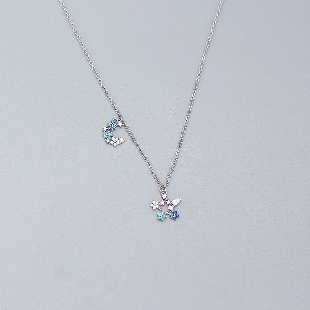 925 Sterling Silver Moon and Star Pendant Necklace