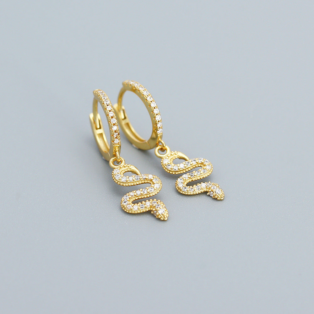 925 Sterling Silver Snake Charm CZ Hoop Earrings