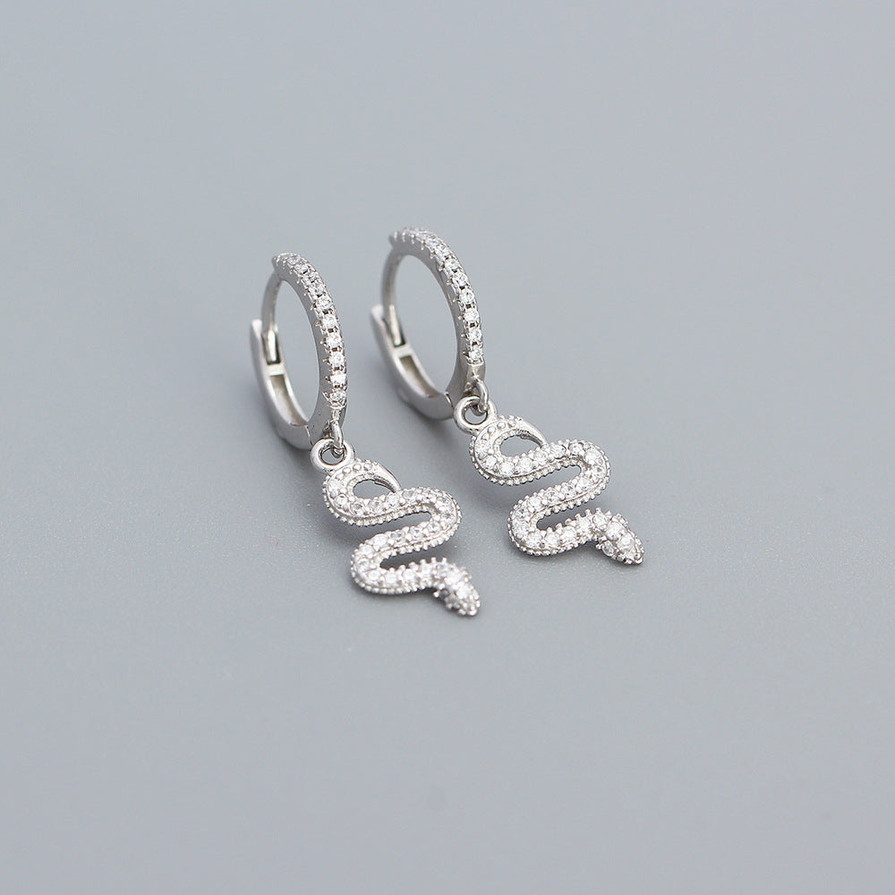 925 Sterling Silver Snake Charm CZ Hoop Earrings