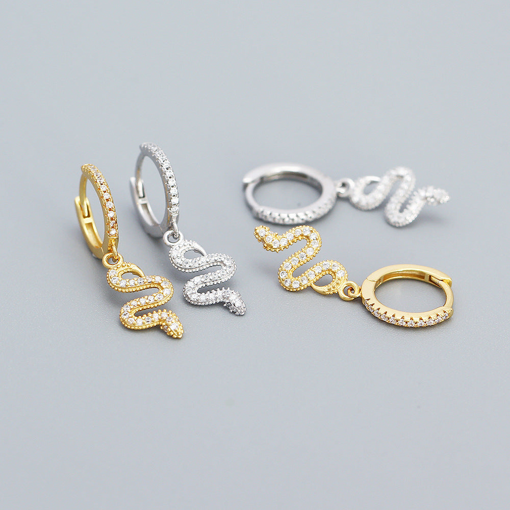 925 Sterling Silver Snake Charm CZ Hoop Earrings