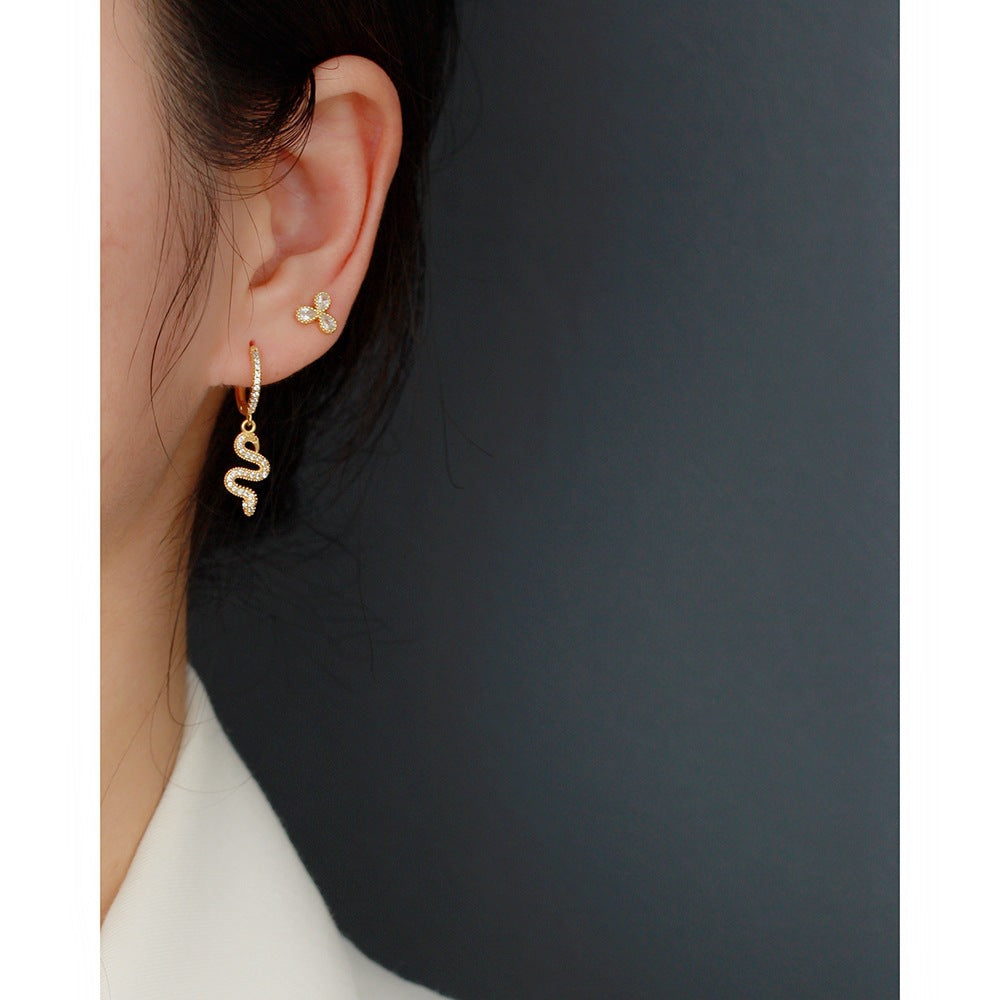 925 Sterling Silver Snake Charm CZ Hoop Earrings