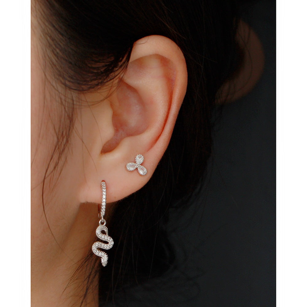 925 Sterling Silver Snake Charm CZ Hoop Earrings