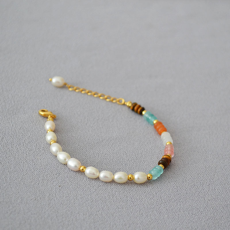Natural Coloured Stones Freshwater Pearl Brass Bracelet Bangle