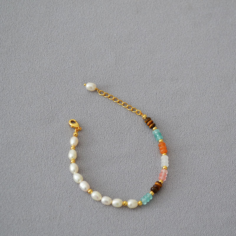 Natural Coloured Stones Freshwater Pearl Brass Bracelet Bangle