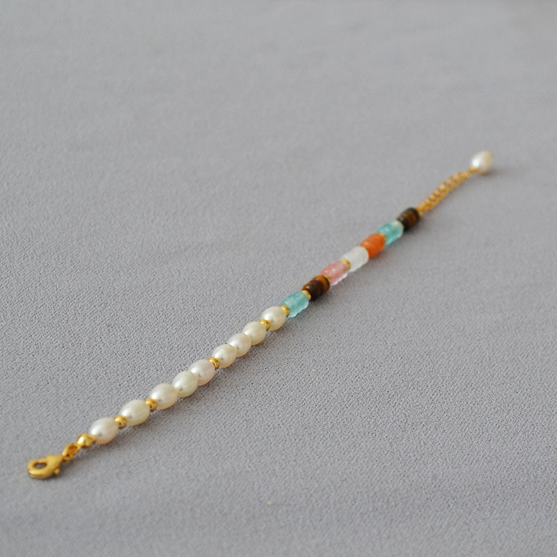 Natural Coloured Stones Freshwater Pearl Brass Bracelet Bangle