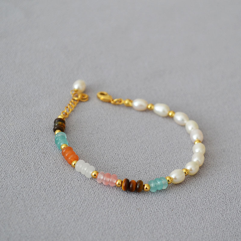 Natural Coloured Stones Freshwater Pearl Brass Bracelet Bangle