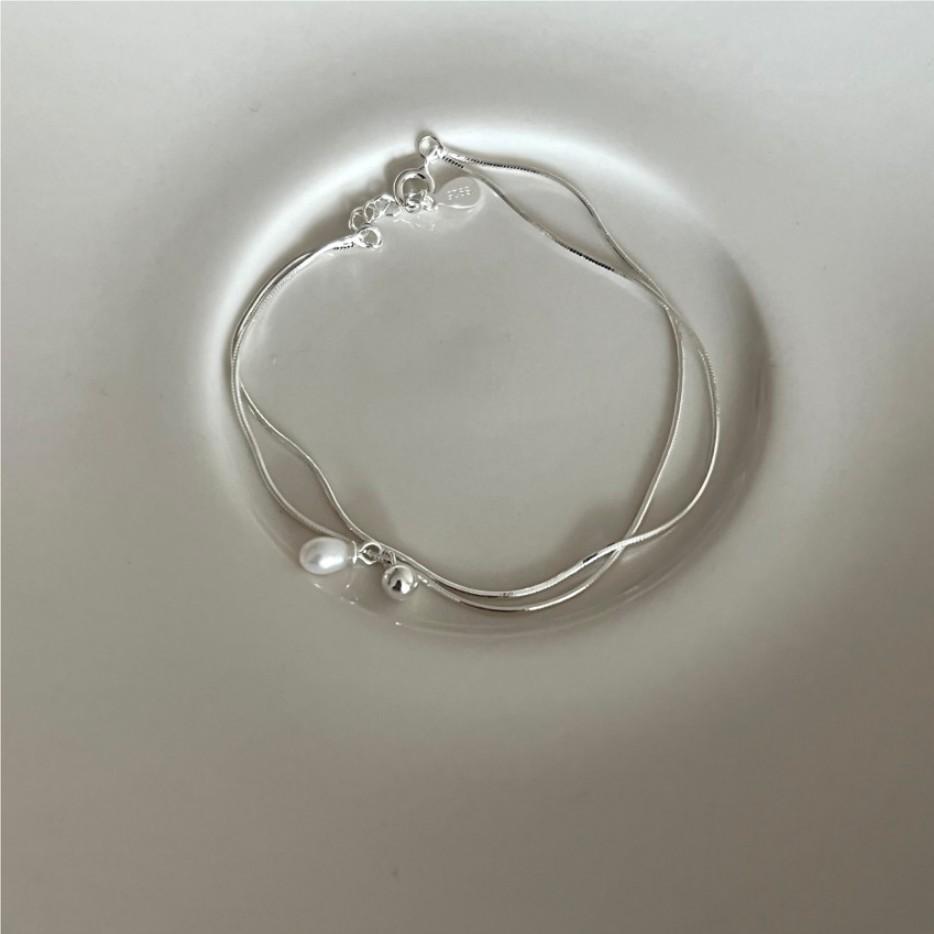 925 Sterling Silver Double Layered Snake Chain Freshwater Pearl Ball Charm Bracelet Bangle