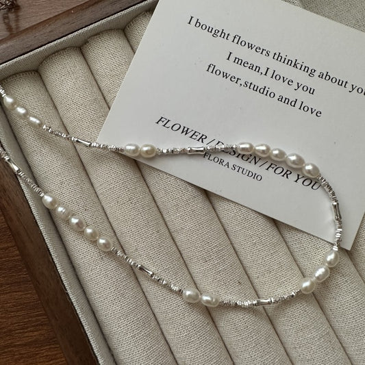 925 sterling silver fashion pearl broken silver necklace