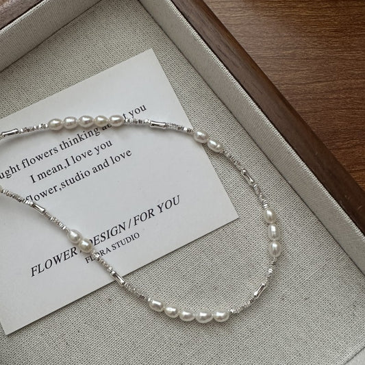 925 sterling silver fashion pearl broken silver necklace