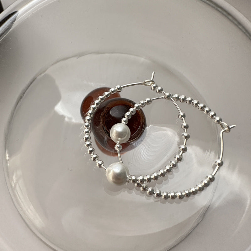 925 Sterling Silver Beaded Pearl Hoop Earrings