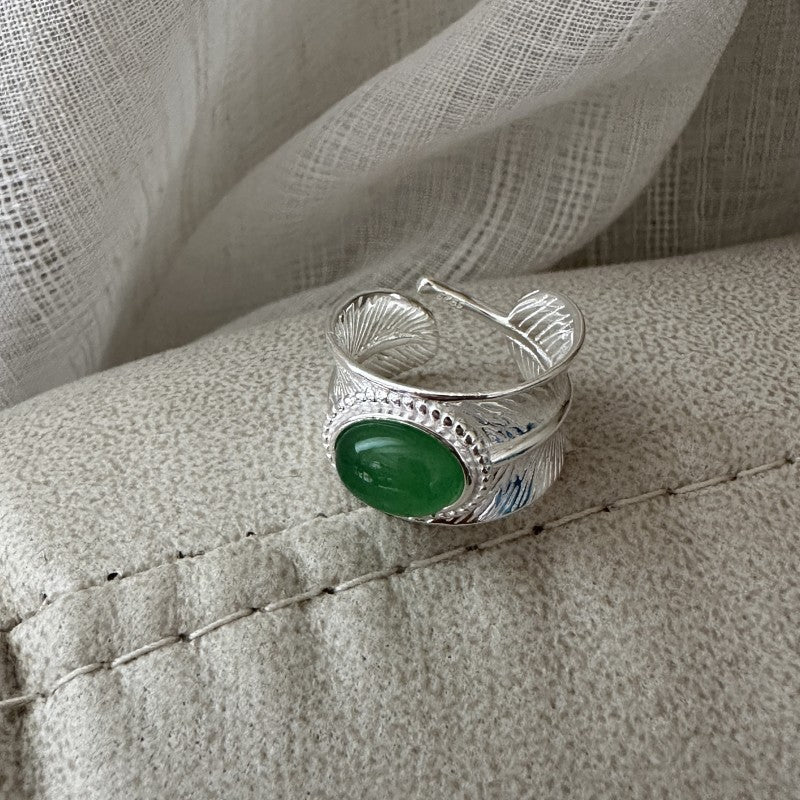 925 sterling silver fashion feather design green agate ring