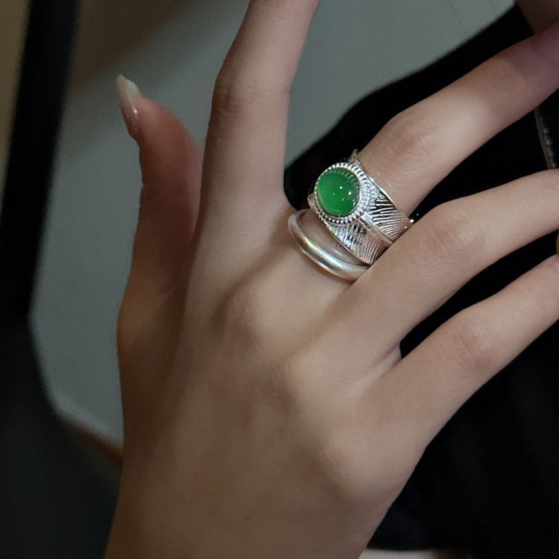 925 sterling silver fashion feather design green agate ring