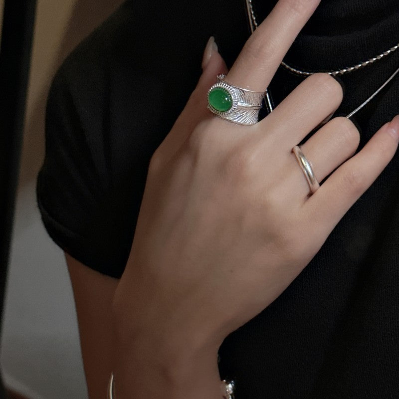 925 sterling silver fashion feather design green agate ring