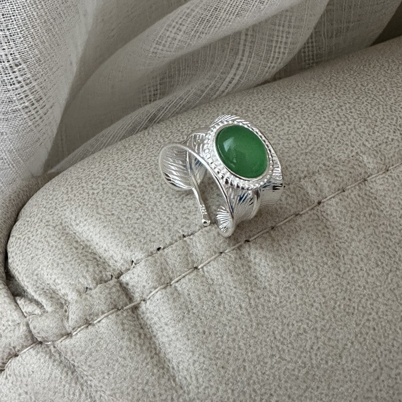 925 sterling silver fashion feather design green agate ring