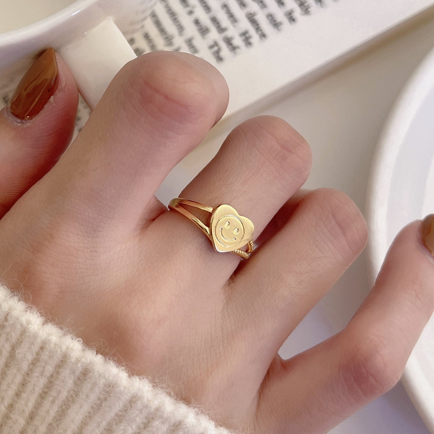 925 Sterling Silver Smiley Face Heart Adjustable Ring