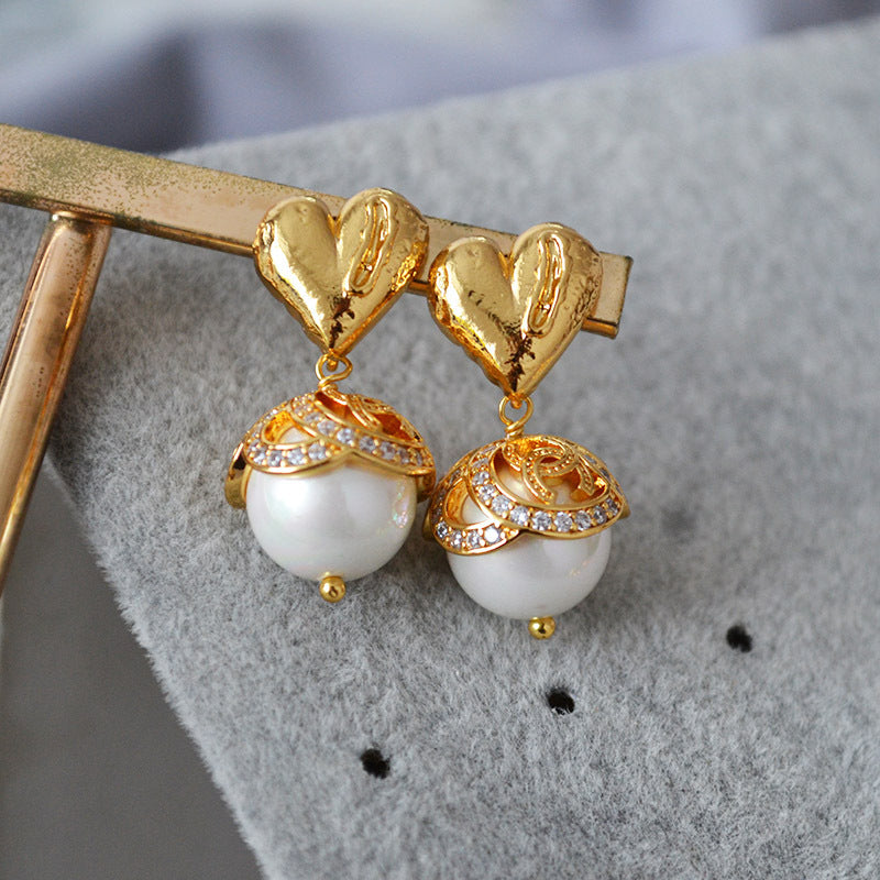 Brass Heart Pearl Charm Earring Studs