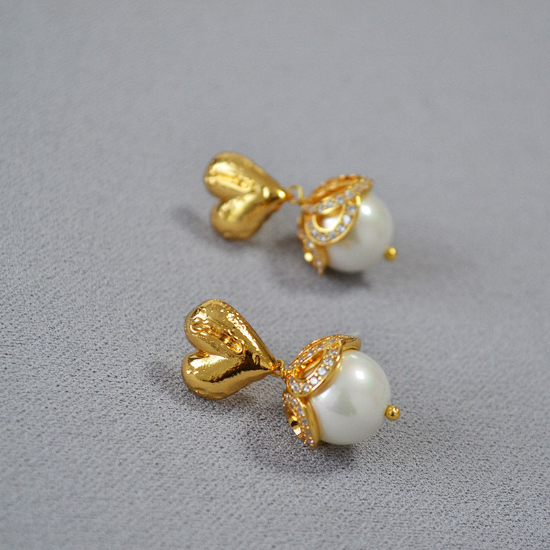 Brass Heart Pearl Charm Earring Studs