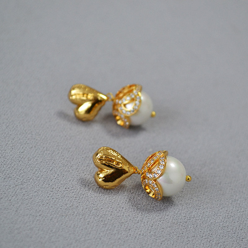 Brass Heart Pearl Charm Earring Studs