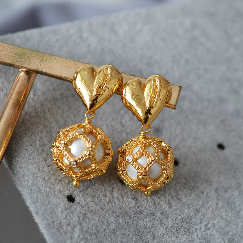 Brass Heart Ball Charm Earrings