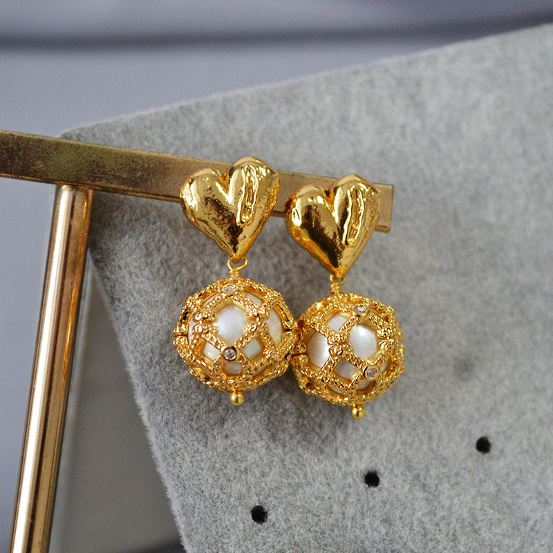 Brass Heart Ball Charm Earrings