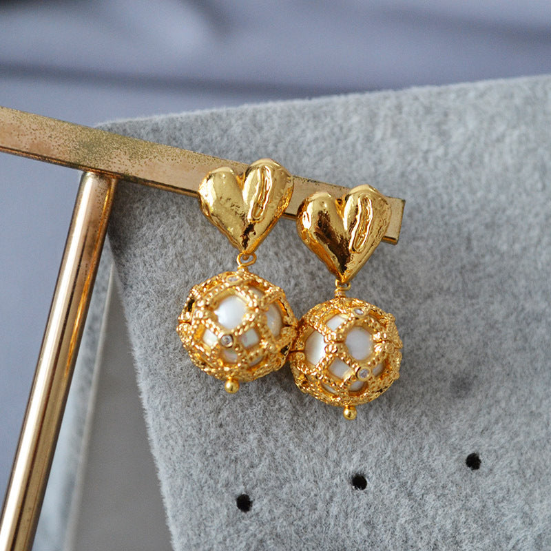 Brass Heart Ball Charm Earrings