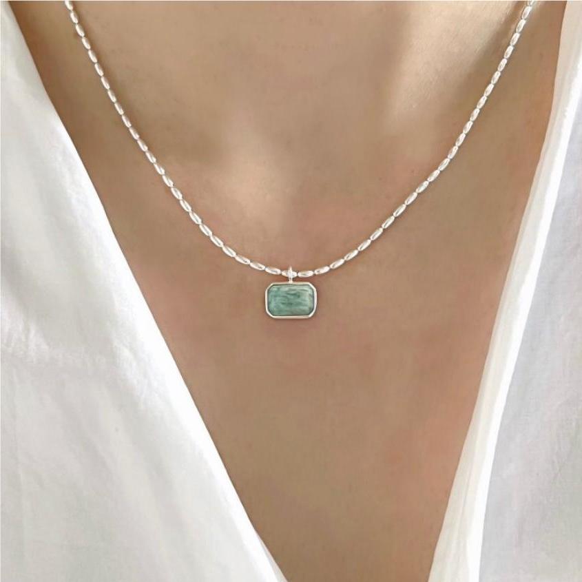 925 Sterling Silver Rectangular Natural Stone Pendant Necklace