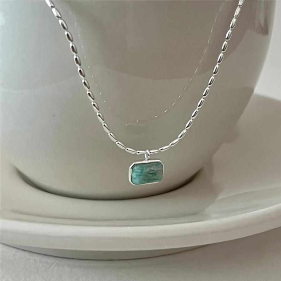 925 Sterling Silver Rectangular Natural Stone Pendant Necklace