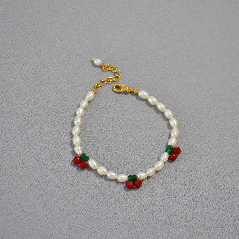 Brass Freshwater Pearl Cherry Charm Bracelet Bangle