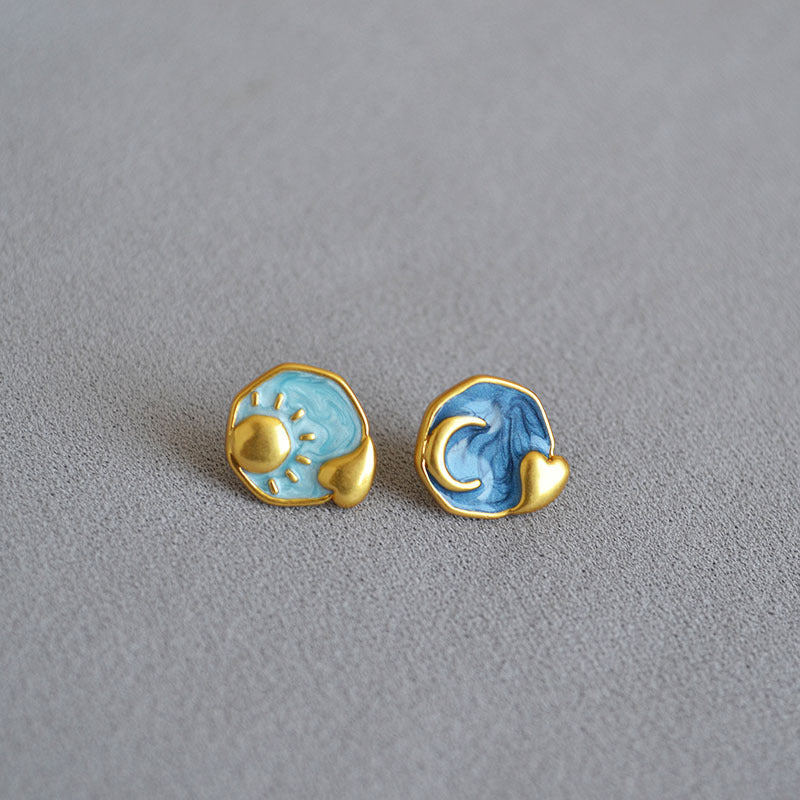 Brass Moon And Star Enamel Earrings