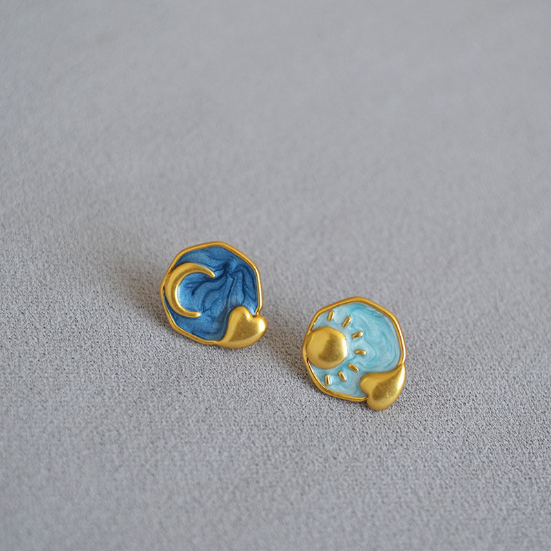 Brass Moon And Star Enamel Earrings