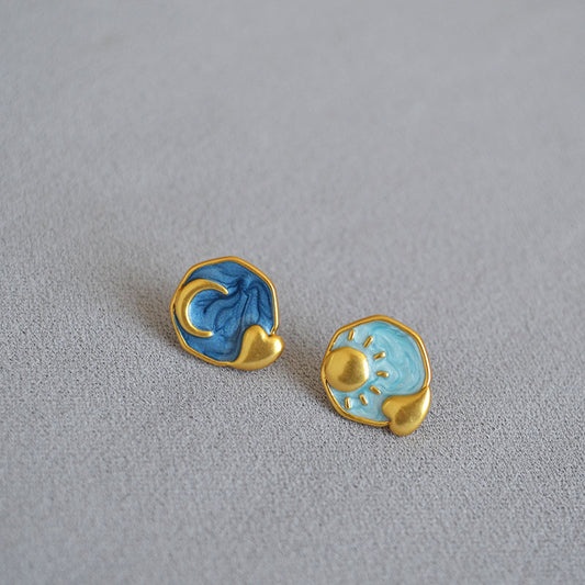 Brass Moon And Star Enamel Earrings